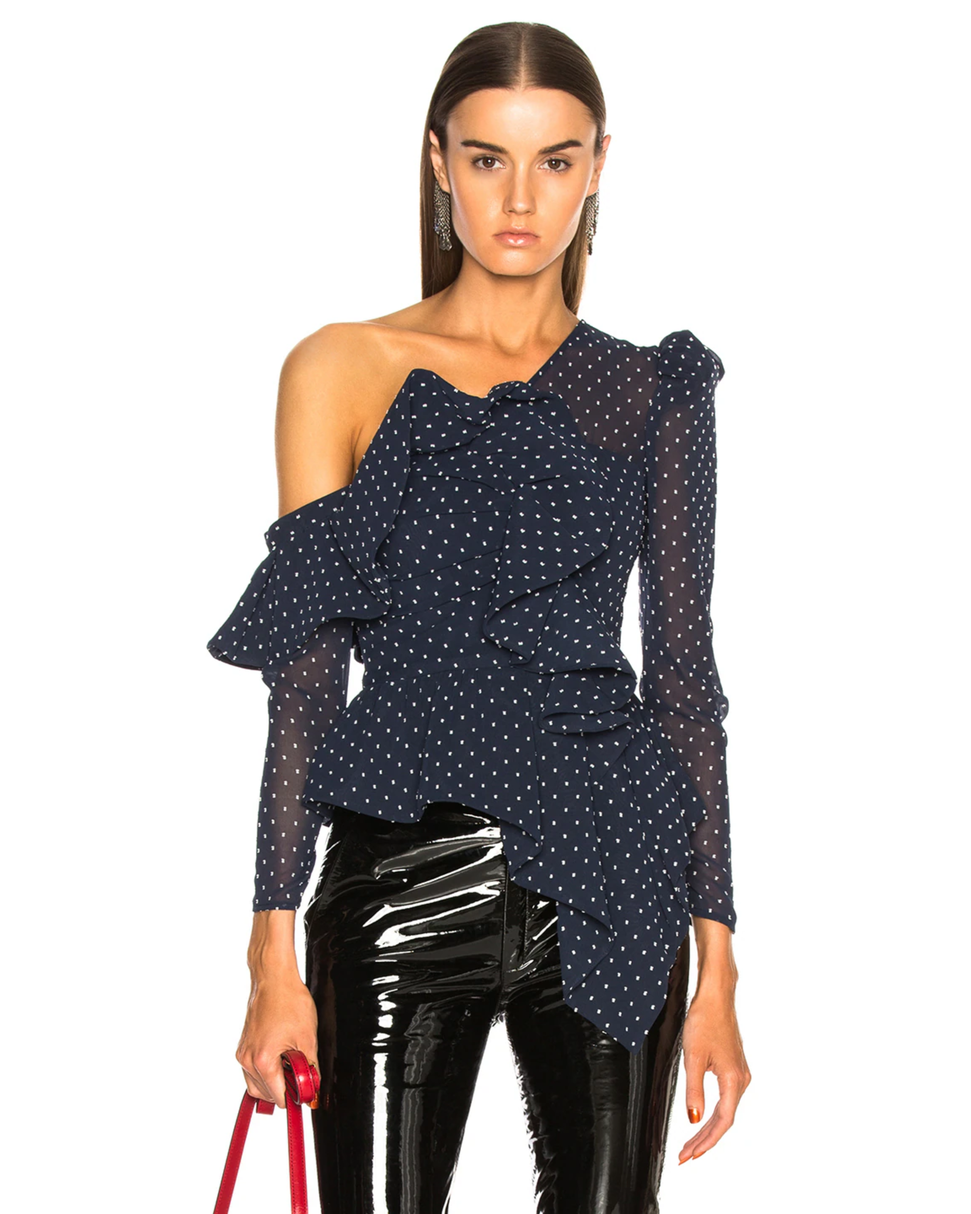 Navy Blue Swiss Dot Draped One Shoulder Blouse - Endless - UAE Rental and Resale for Women's Fashion
