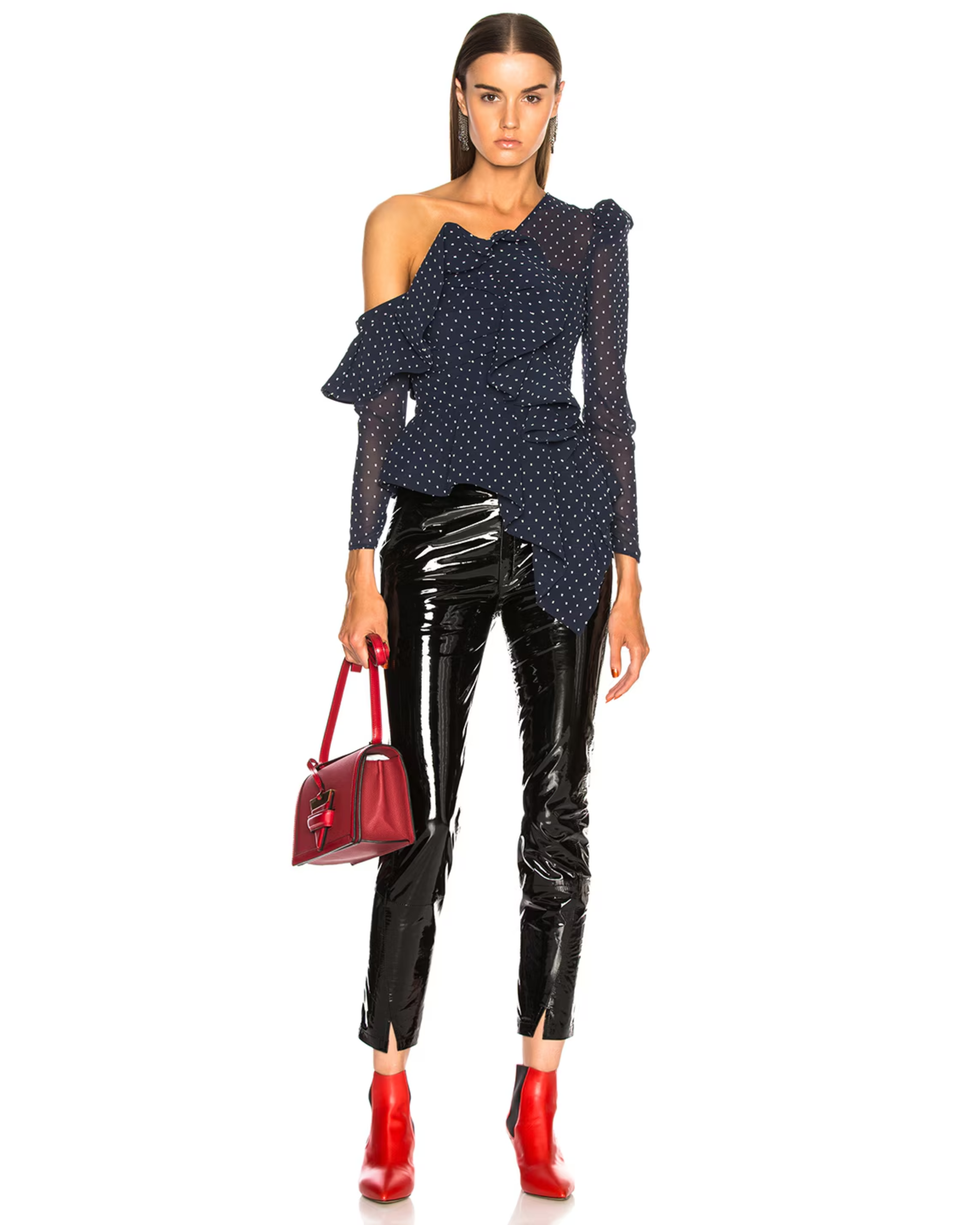 Navy Blue Swiss Dot Draped One Shoulder Blouse - Endless - UAE Rental and Resale for Women's Fashion