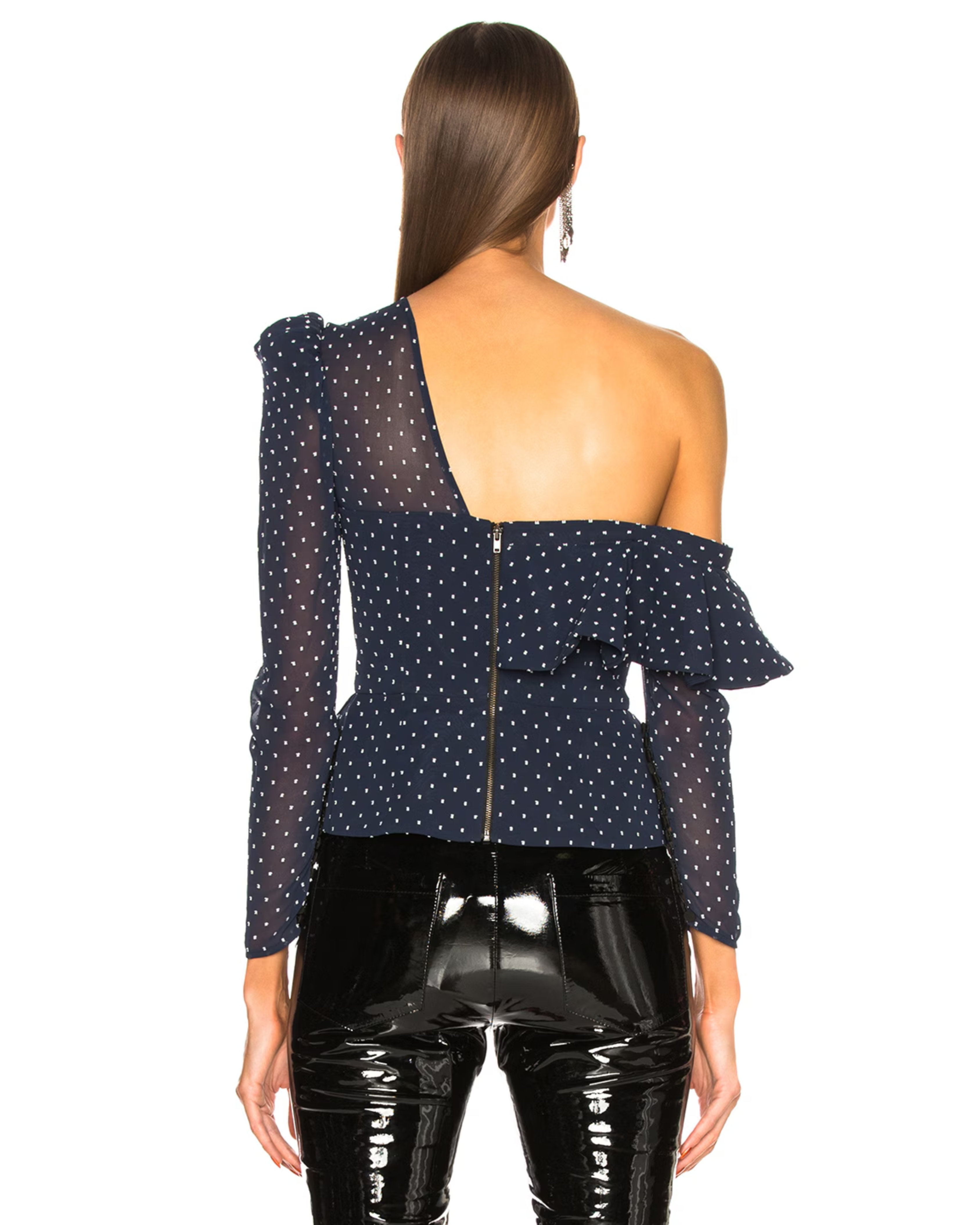 Navy Blue Swiss Dot Draped One Shoulder Blouse - Endless - UAE Rental and Resale for Women's Fashion