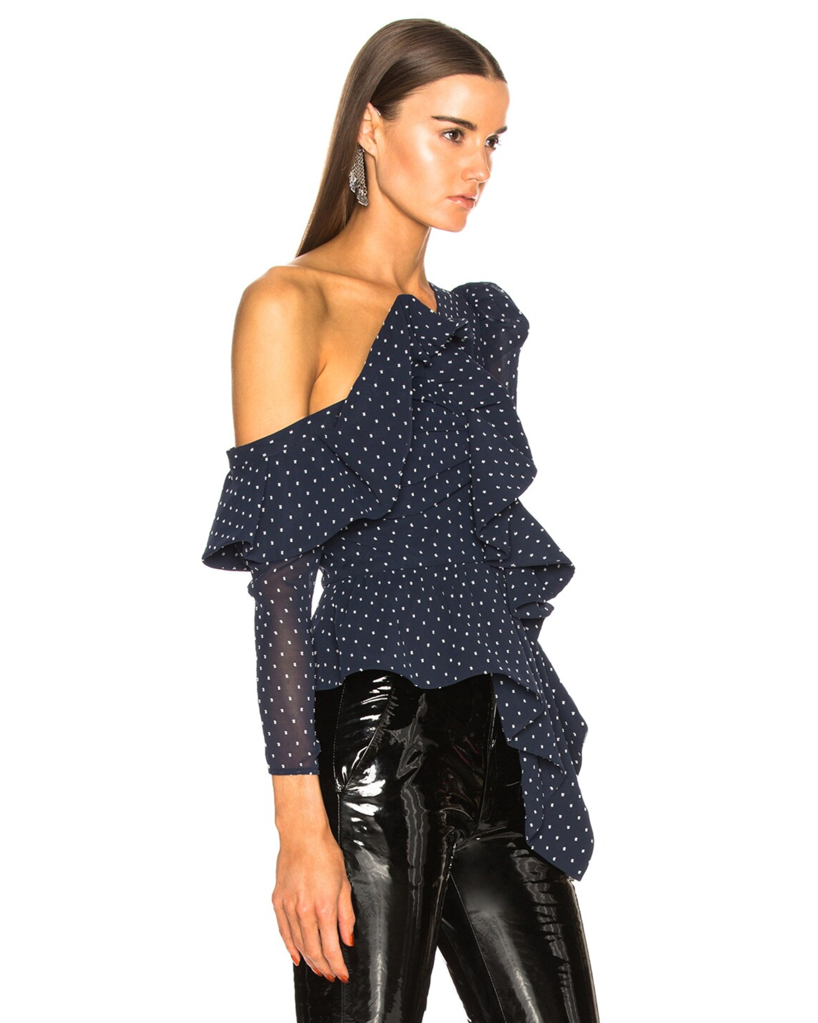 Navy Blue Swiss Dot Draped One Shoulder Blouse - Endless - UAE Rental and Resale for Women's Fashion