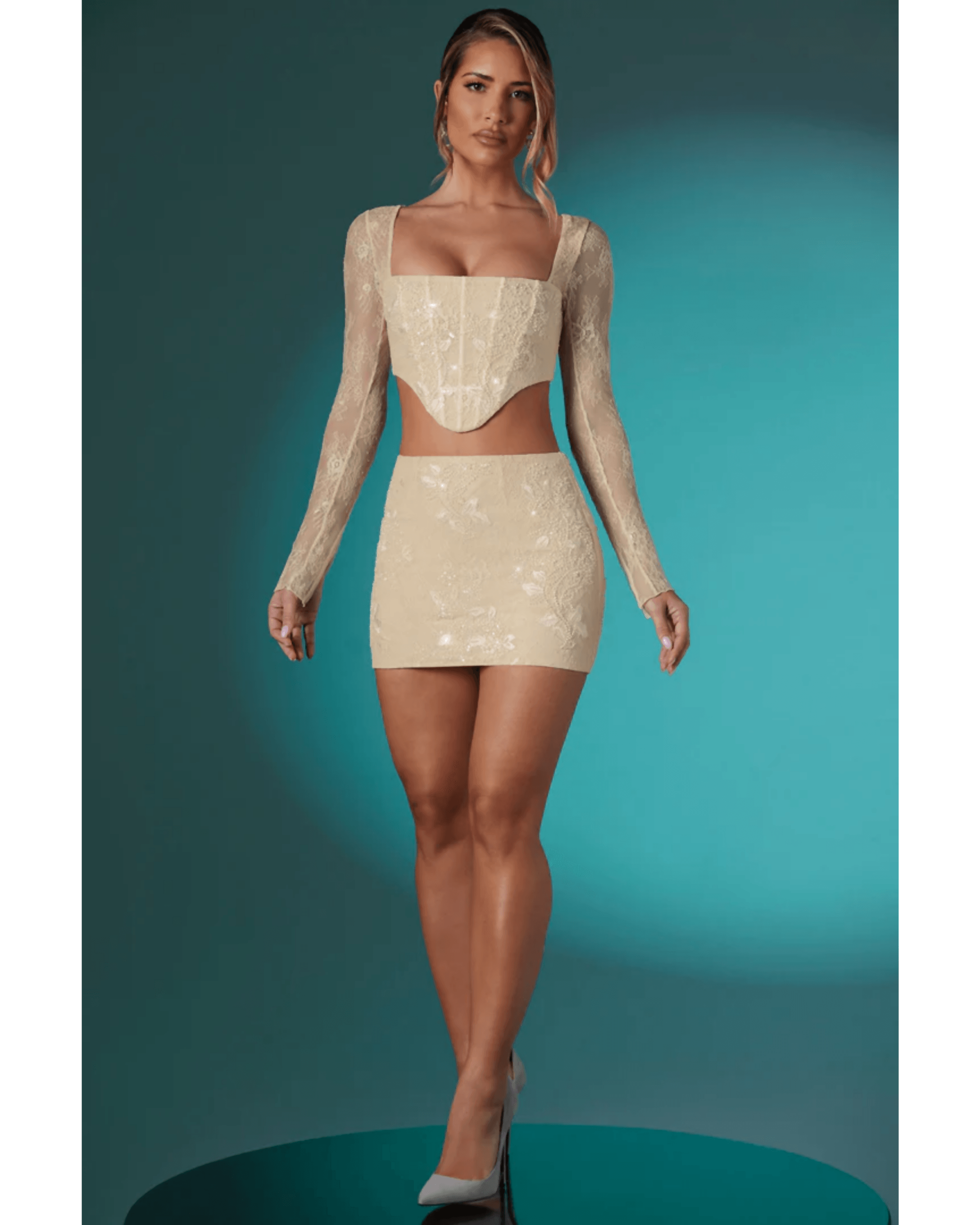 Neve Long Sleeve Embellished Lace Corset Crop Top in Ivory - Endless - UAE Rental and Resale for Women's Fashion
