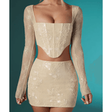 Neve Long Sleeve Embellished Lace Corset Crop Top in Ivory - Endless - UAE Rental and Resale for Women's Fashion