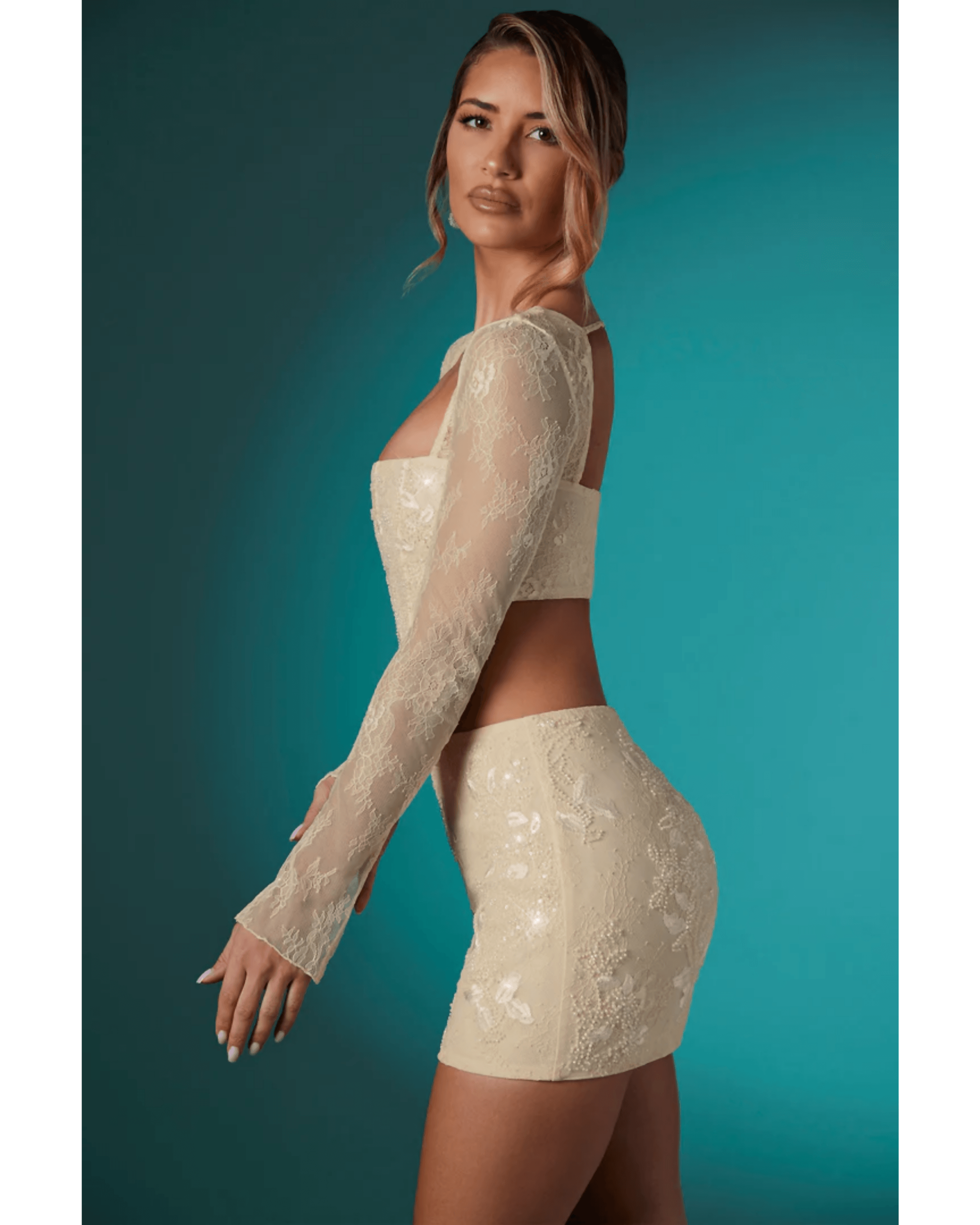 Neve Long Sleeve Embellished Lace Corset Crop Top in Ivory - Endless - UAE Rental and Resale for Women's Fashion