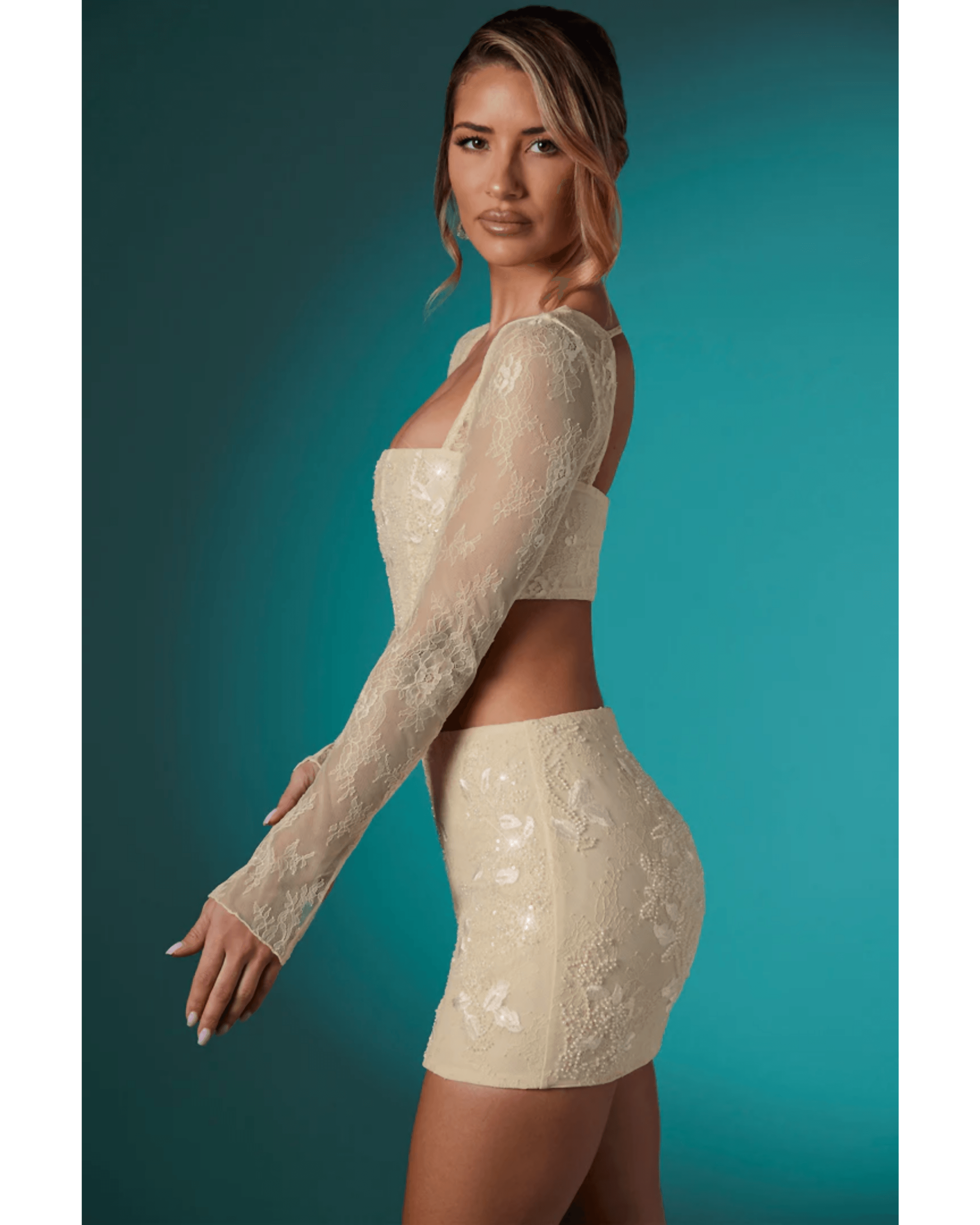 Neve Long Sleeve Embellished Lace Corset Crop Top in Ivory - Endless - UAE Rental and Resale for Women's Fashion