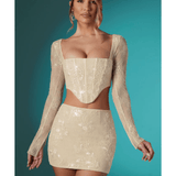Neve Long Sleeve Embellished Lace Corset Crop Top in Ivory - Endless - UAE Rental and Resale for Women's Fashion