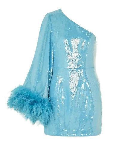 Nicolette One-Shoulder Feather-Trimmed Sequined Stretch-Crepe Mini Dress - Blue - Endless - UAE Rental and Resale for Women's Fashion