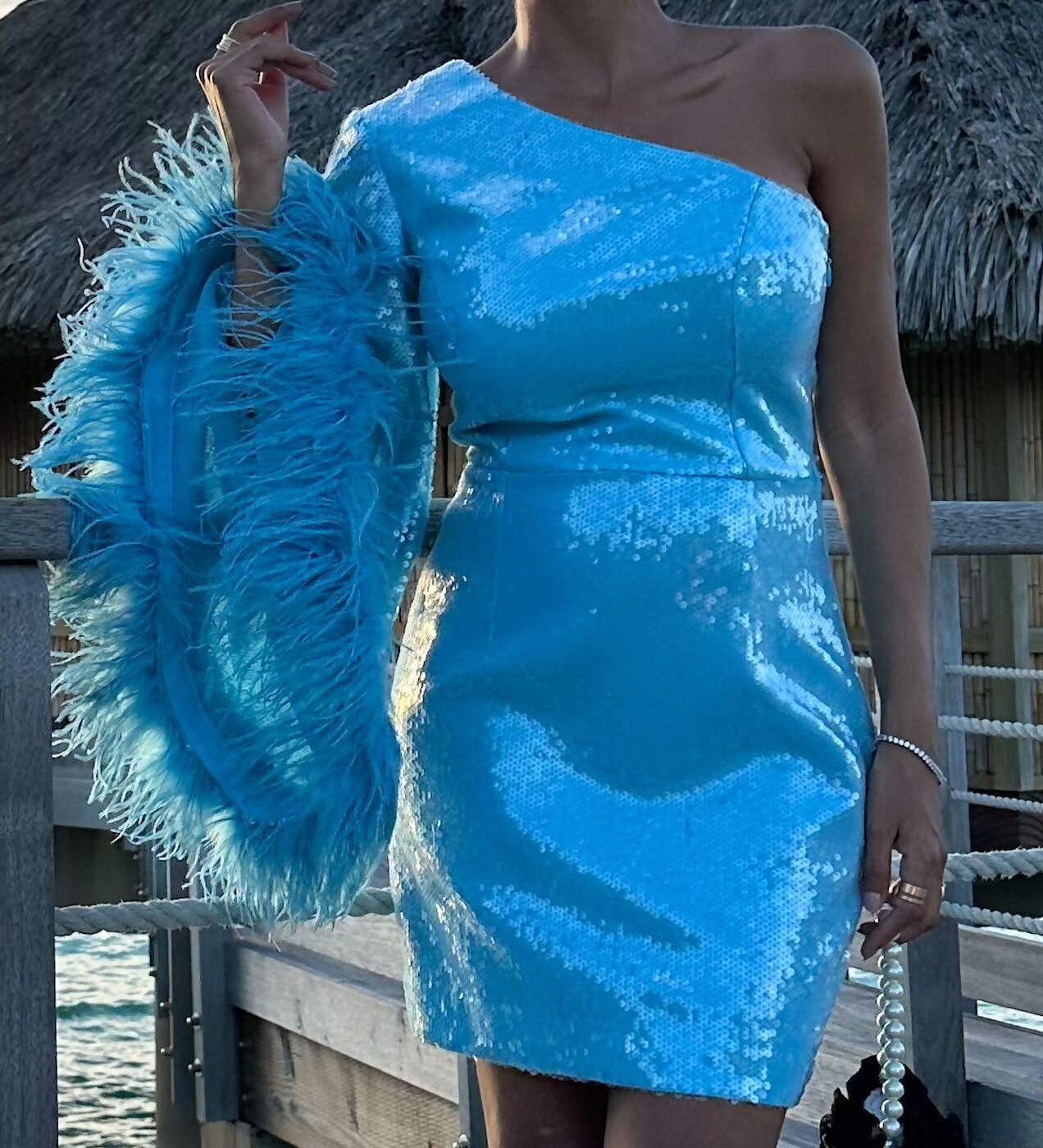 Nicolette One-Shoulder Feather-Trimmed Sequined Stretch-Crepe Mini Dress - Blue - Endless - UAE Rental and Resale for Women's Fashion