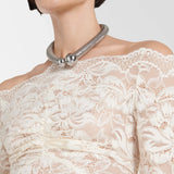Off Shoulder Ivory Lace Maxi Dress - Endless - UAE Rental and Resale for Women's Fashion