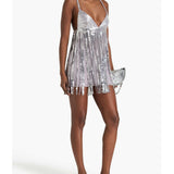 Fringed embellished georgette mini dress
