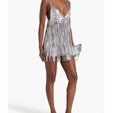 Fringed embellished georgette mini dress