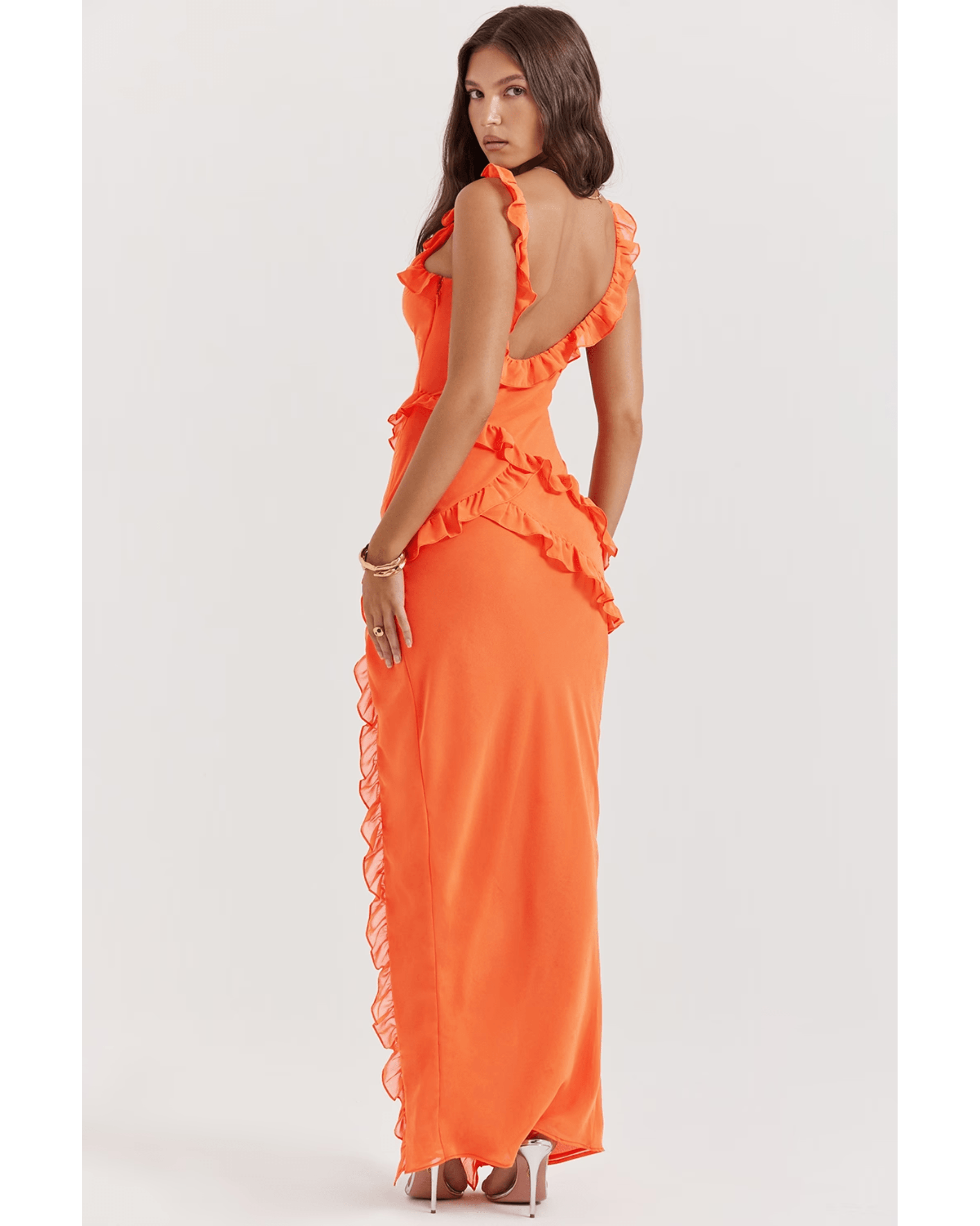 Pixie Flame Orange Ruffle Maxi Dress - Endless - UAE Rental and Resale for Women's Fashion