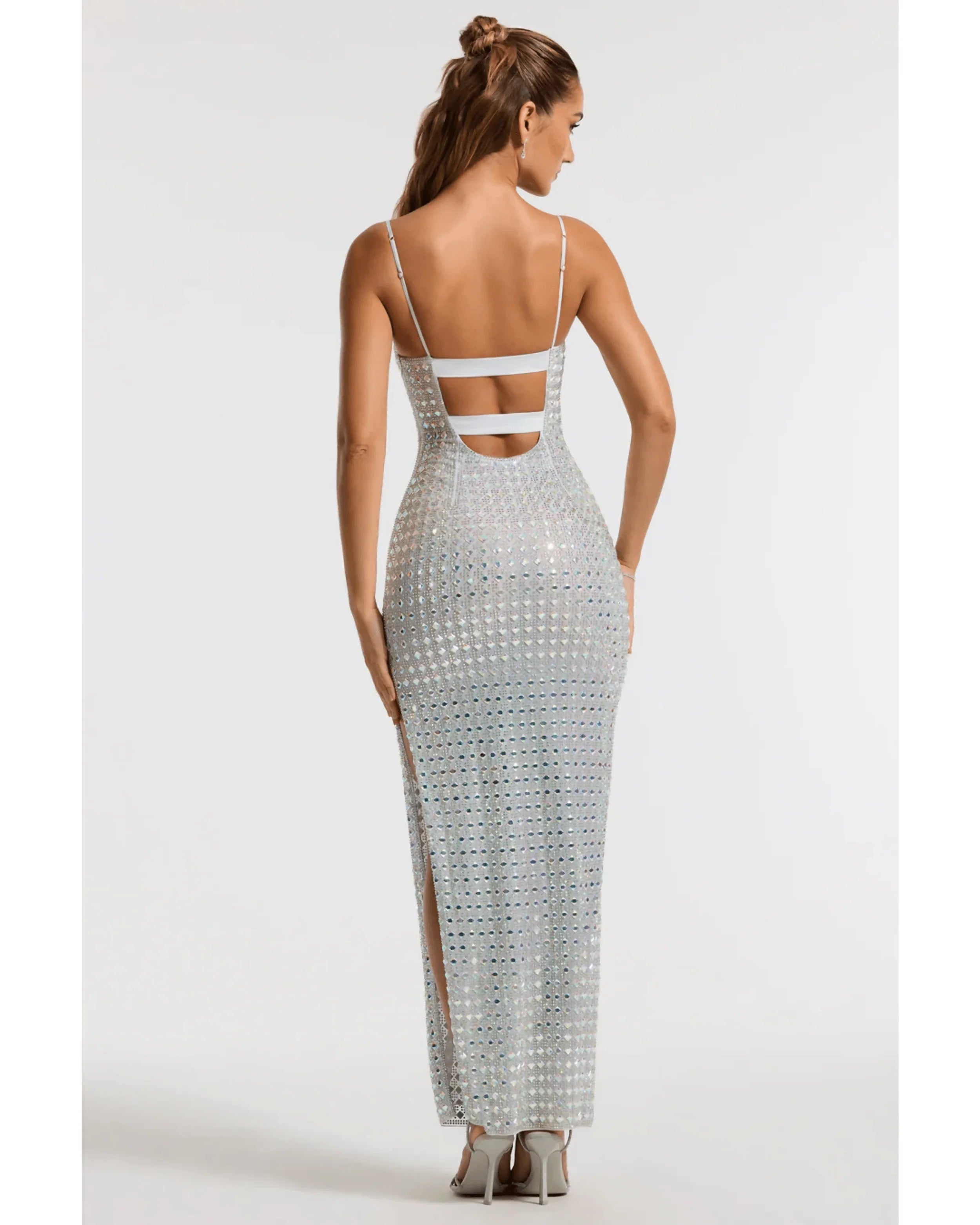Prisha Embellished Square Neck Evening Gown in Silver - Endless - UAE Rental and Resale for Women's Fashion