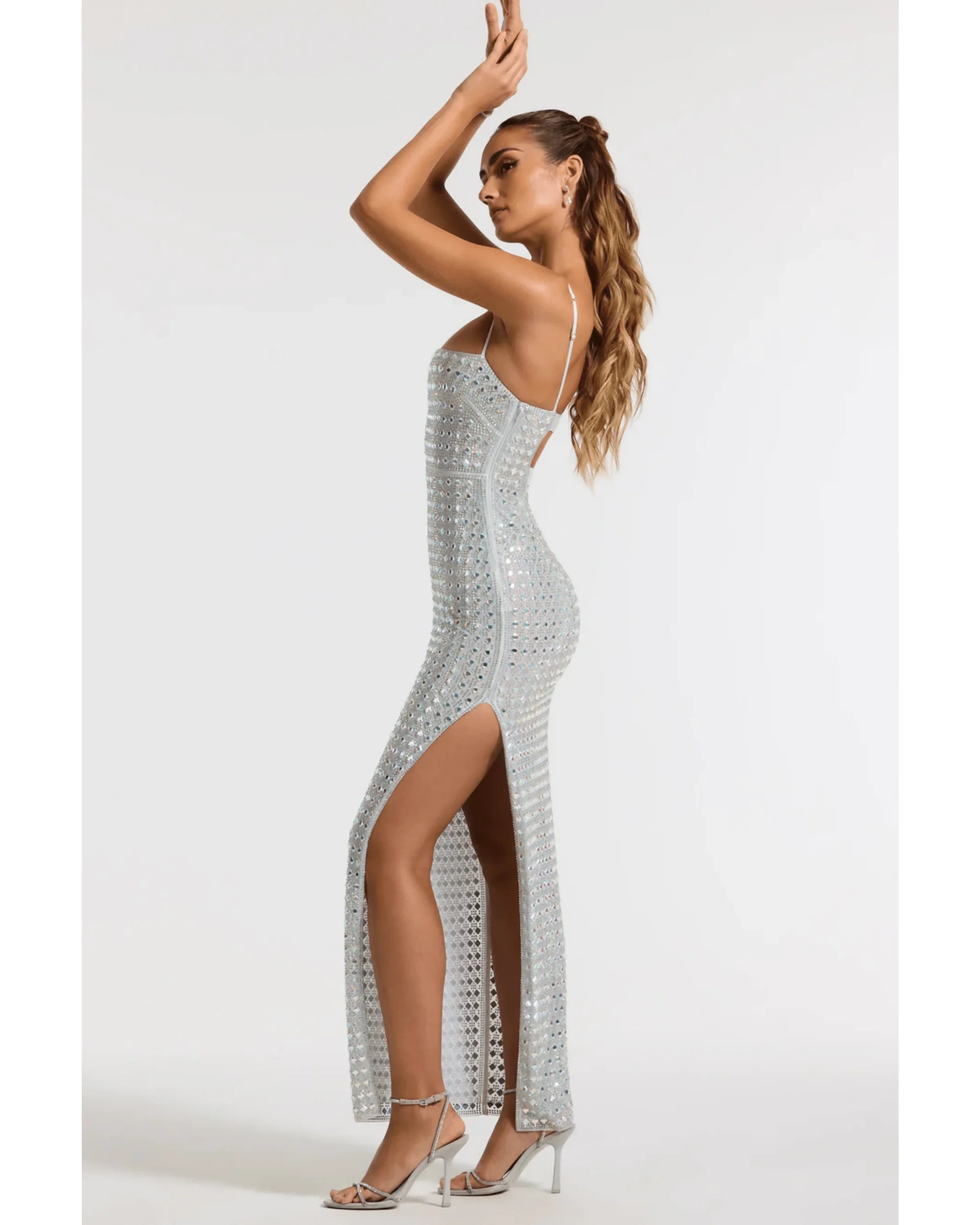 Prisha Embellished Square Neck Evening Gown in Silver - Endless - UAE Rental and Resale for Women's Fashion