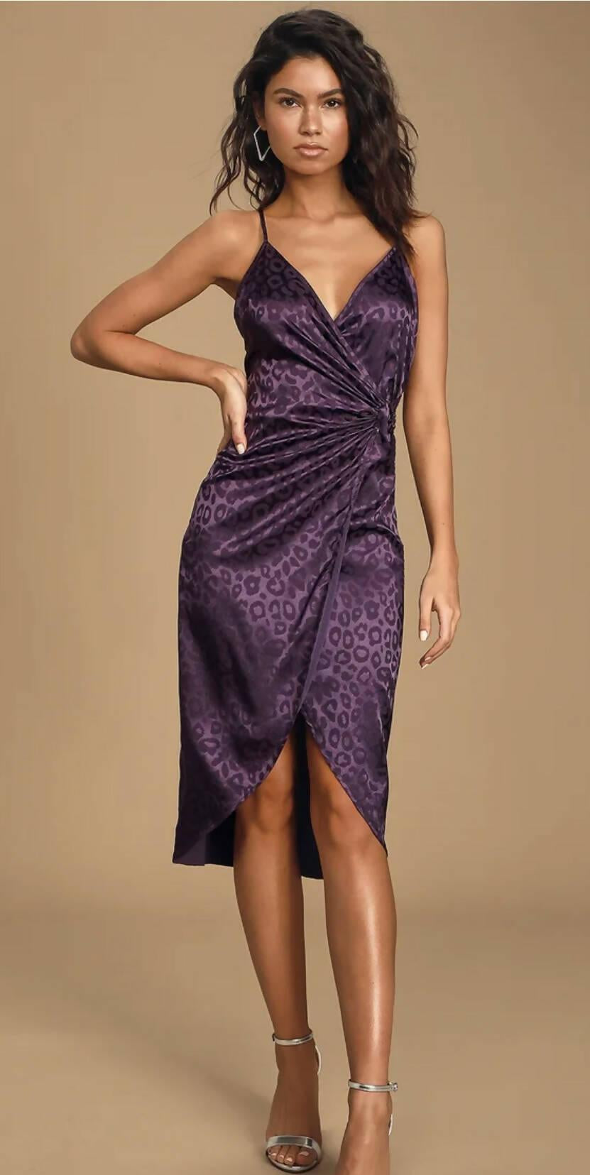 Purple Leopard Print Satin Midi Dress - Endless - UAE Rental and Resale for Women's Fashion