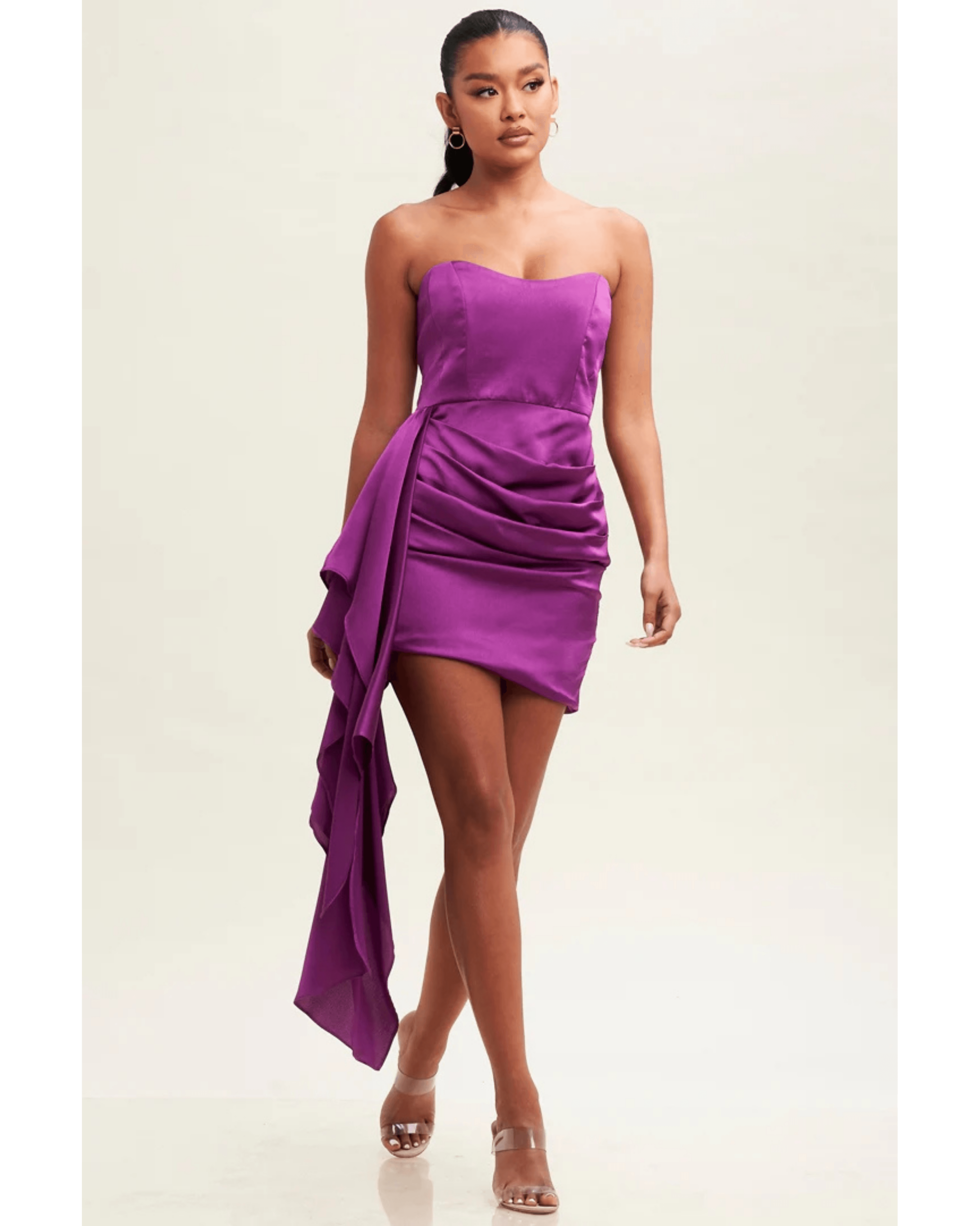 Purple Satin Double Layered Bandeau Drape Mini Dress - Endless - UAE Rental and Resale for Women's Fashion