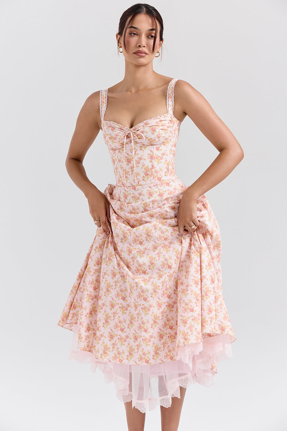 Rosalee Peach Poppy Print Cotton Bustier Sundress - Endless - UAE Rental and Resale for Women's Fashion