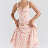 Rosalee Peach Poppy Print Cotton Bustier Sundress - Endless - UAE Rental and Resale for Women's Fashion