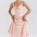Rosalee Peach Poppy Print Cotton Bustier Sundress - Endless - UAE Rental and Resale for Women's Fashion
