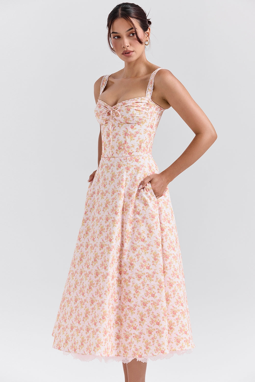Rosalee Peach Poppy Print Cotton Bustier Sundress - Endless - UAE Rental and Resale for Women's Fashion