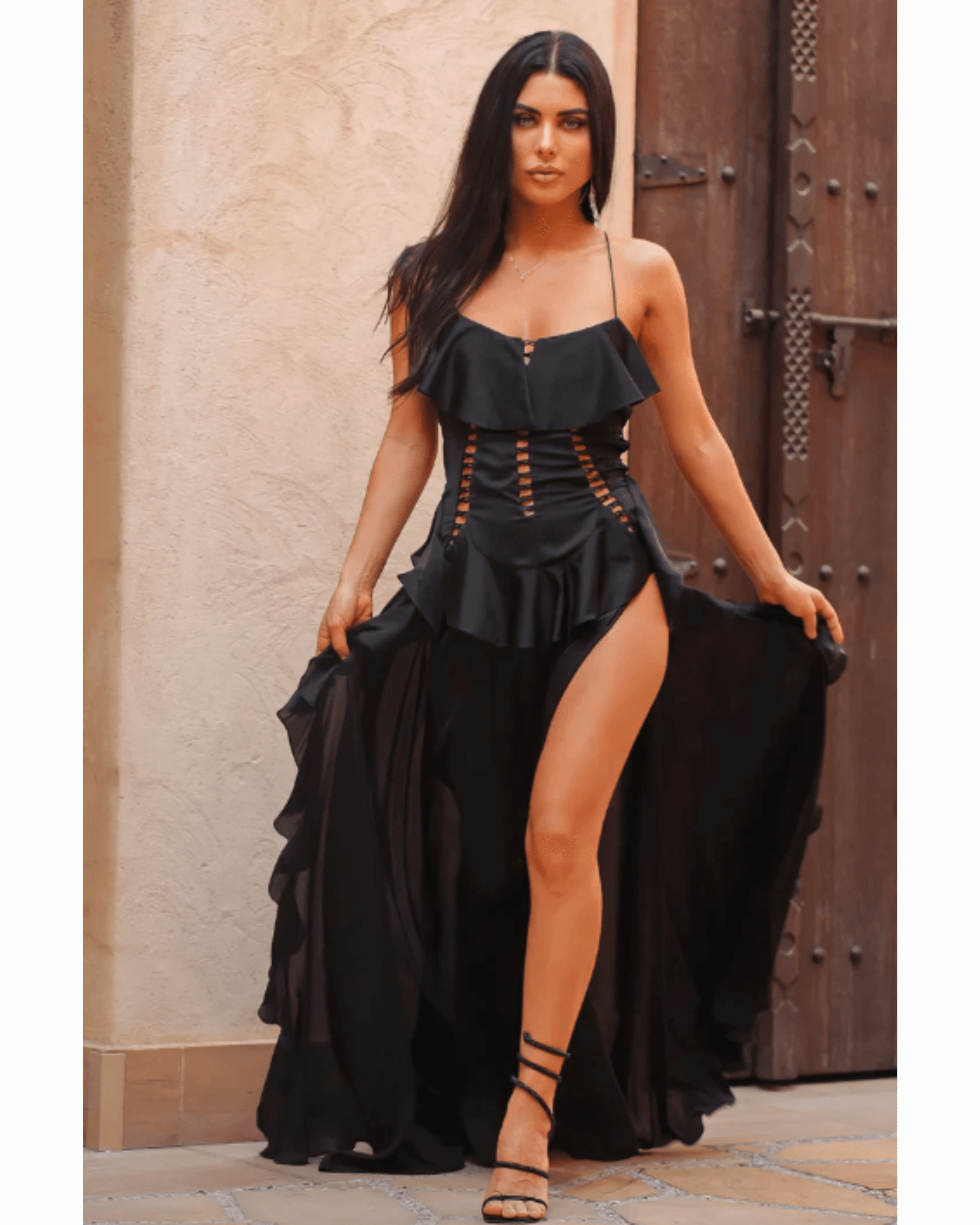 Satin Ruffle Maxi Dress - Endless - UAE Rental and Resale for Women's Fashion