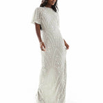 Silver All Over Embellished Maxi Dress with Flutter Sleeve and Open Back - Endless - UAE Rental and Resale for Women's Fashion