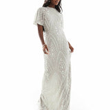 Silver All Over Embellished Maxi Dress with Flutter Sleeve and Open Back - Endless - UAE Rental and Resale for Women's Fashion