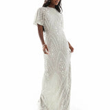 Silver All Over Embellished Maxi Dress with Flutter Sleeve and Open Back - Endless - UAE Rental and Resale for Women's Fashion