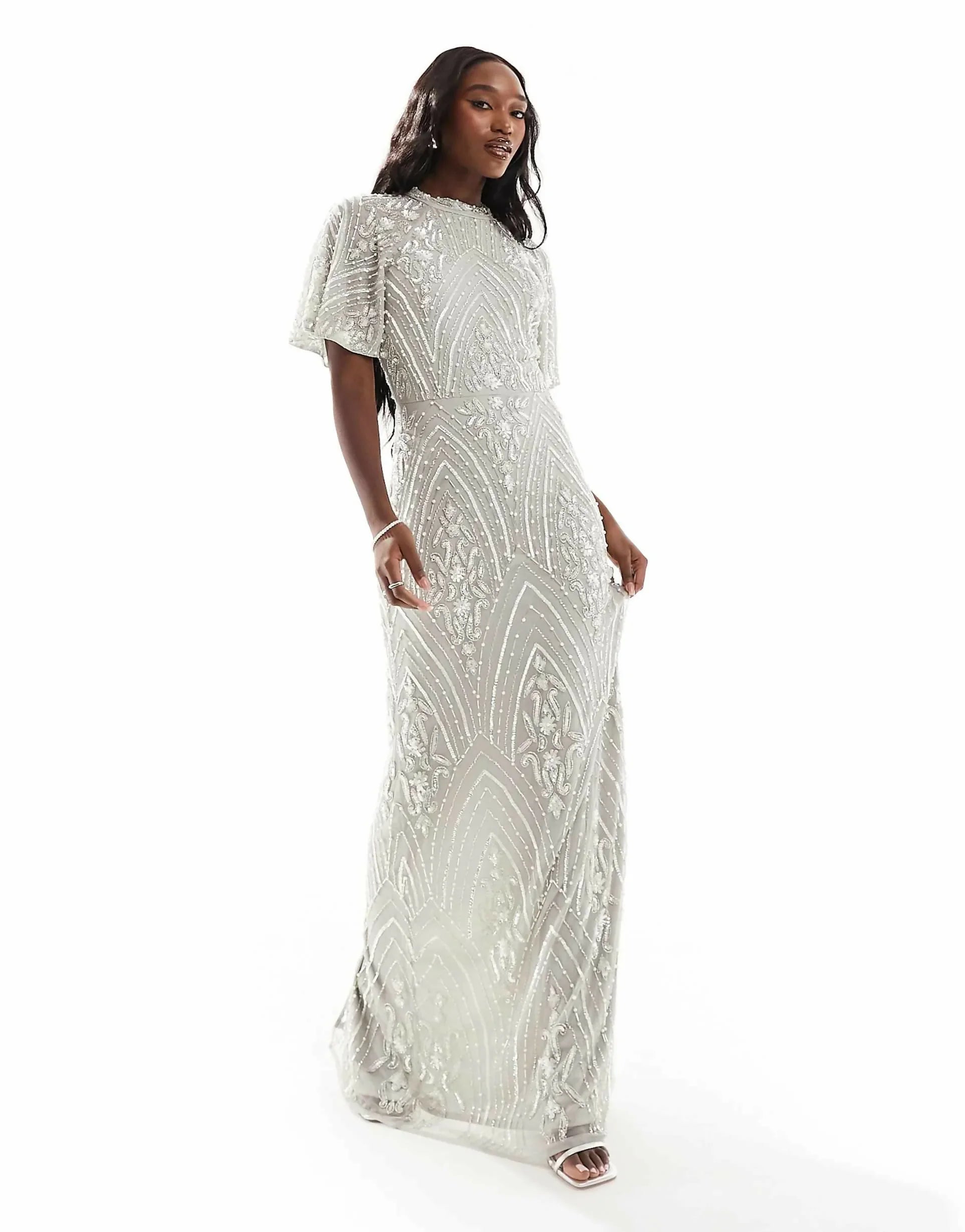 Silver All Over Embellished Maxi Dress with Flutter Sleeve and Open Back - Endless - UAE Rental and Resale for Women's Fashion