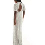 Silver All Over Embellished Maxi Dress with Flutter Sleeve and Open Back - Endless - UAE Rental and Resale for Women's Fashion