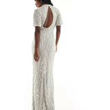 Silver All Over Embellished Maxi Dress with Flutter Sleeve and Open Back - Endless - UAE Rental and Resale for Women's Fashion