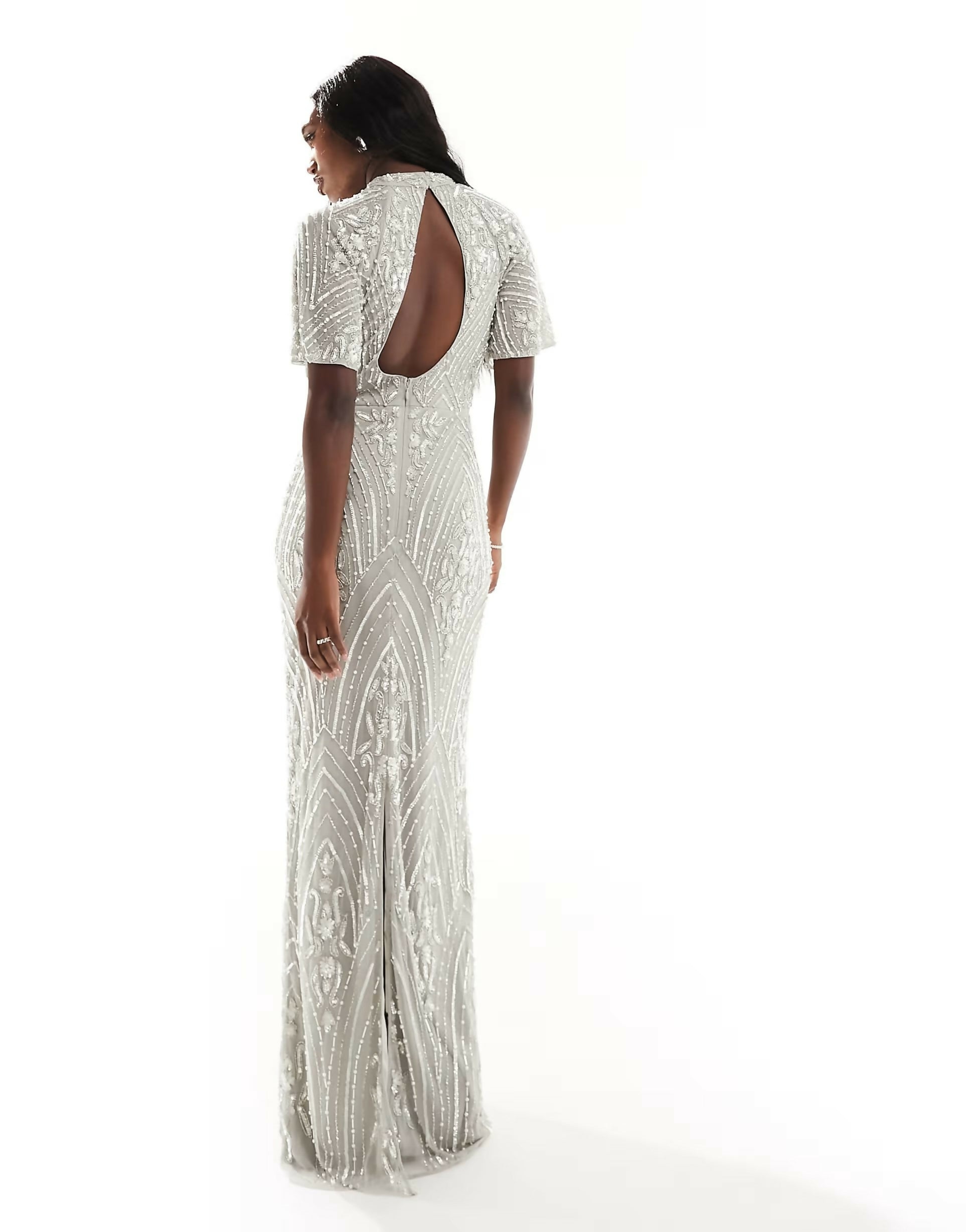 Silver All Over Embellished Maxi Dress with Flutter Sleeve and Open Back - Endless - UAE Rental and Resale for Women's Fashion