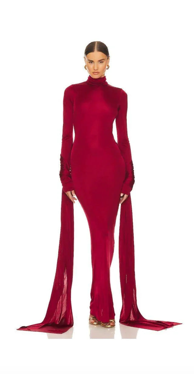 Slinky Jersey Sarong Maxi Dress in Samba Red - Endless - UAE Rental and Resale for Women's Fashion