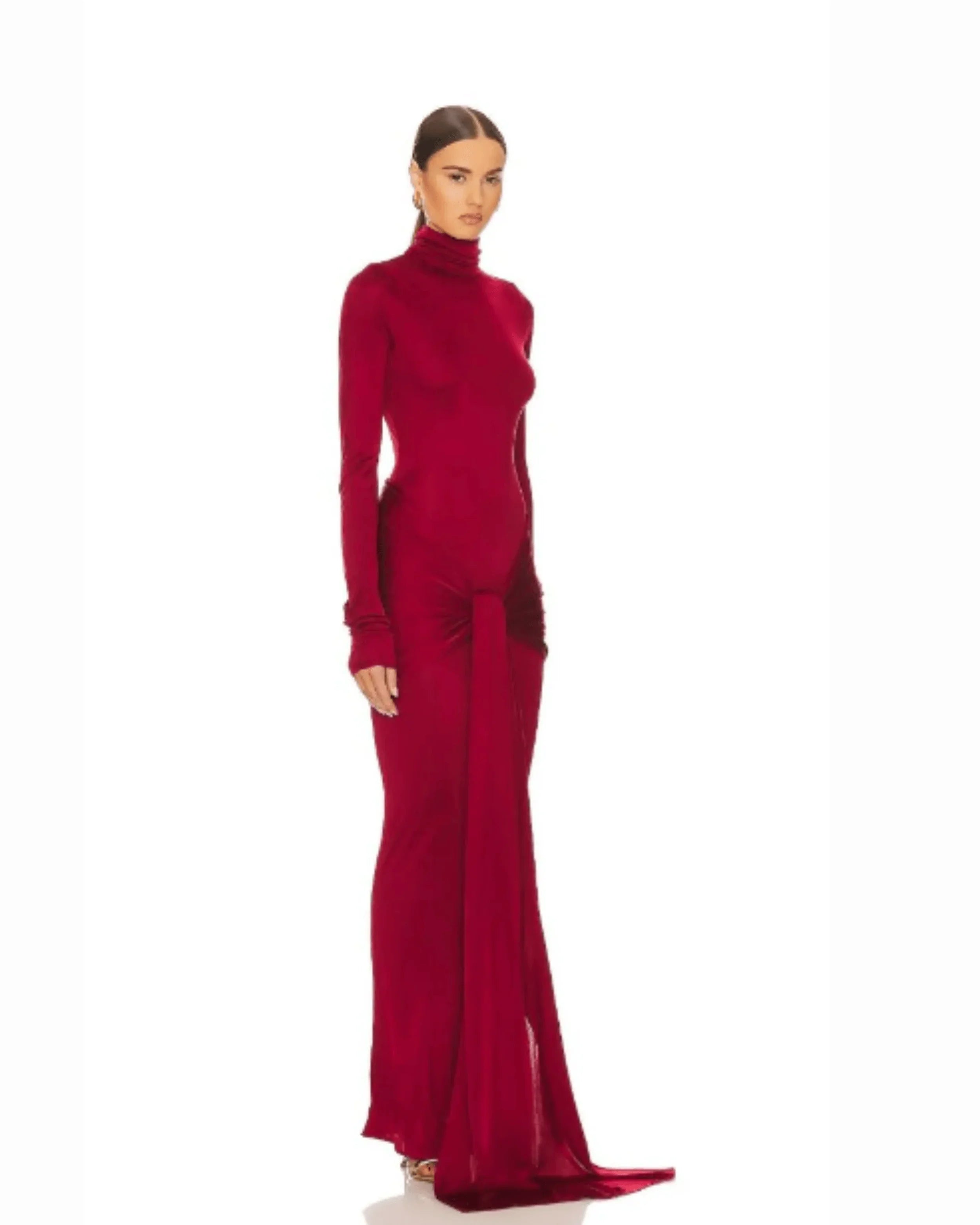 Slinky Jersey Sarong Maxi Dress in Samba Red - Endless - UAE Rental and Resale for Women's Fashion