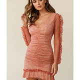 Tamara Ruched Long Sleeve Lace Mesh Dress Rose - Endless - UAE Rental and Resale for Women's Fashion