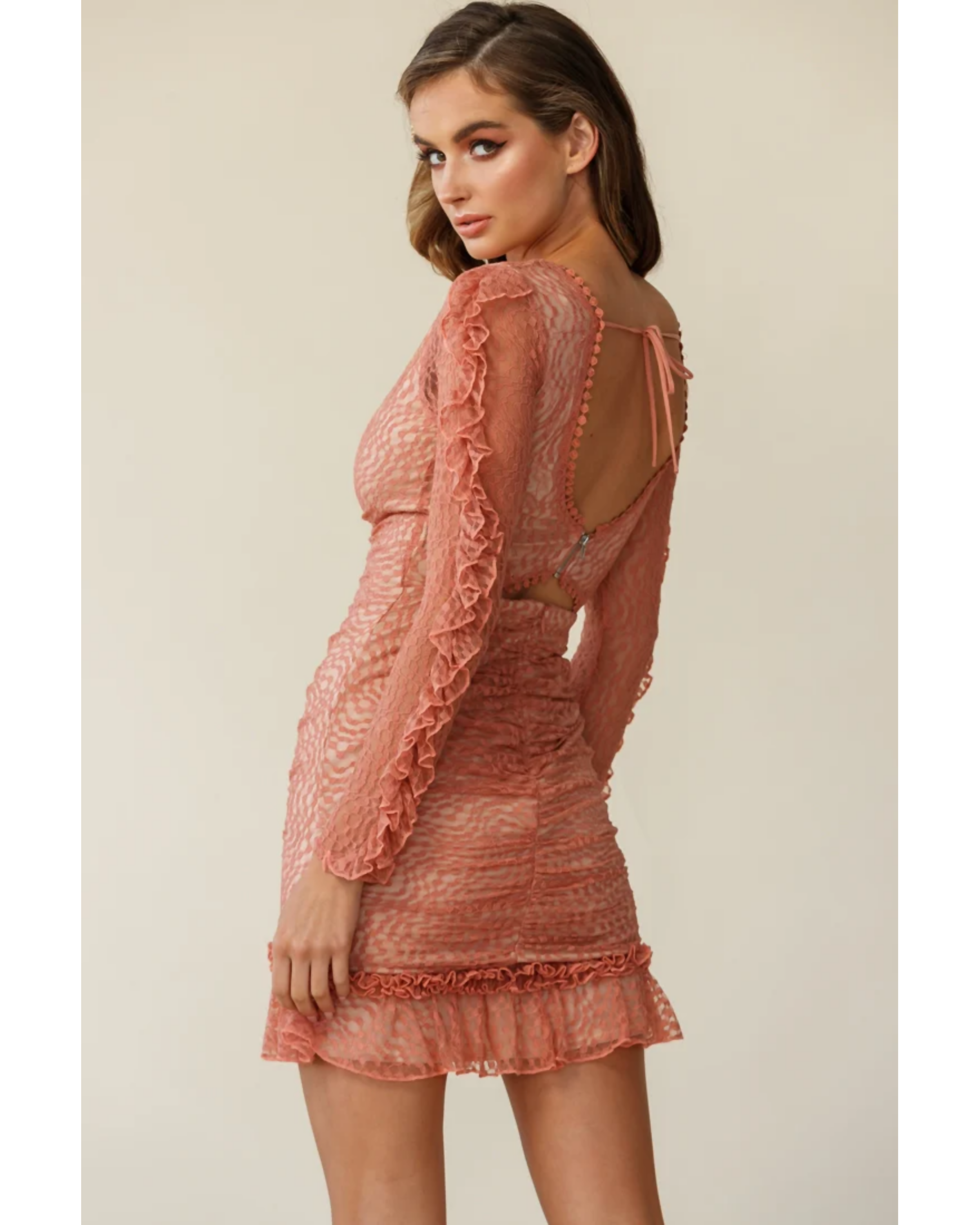 Tamara Ruched Long Sleeve Lace Mesh Dress Rose - Endless - UAE Rental and Resale for Women's Fashion