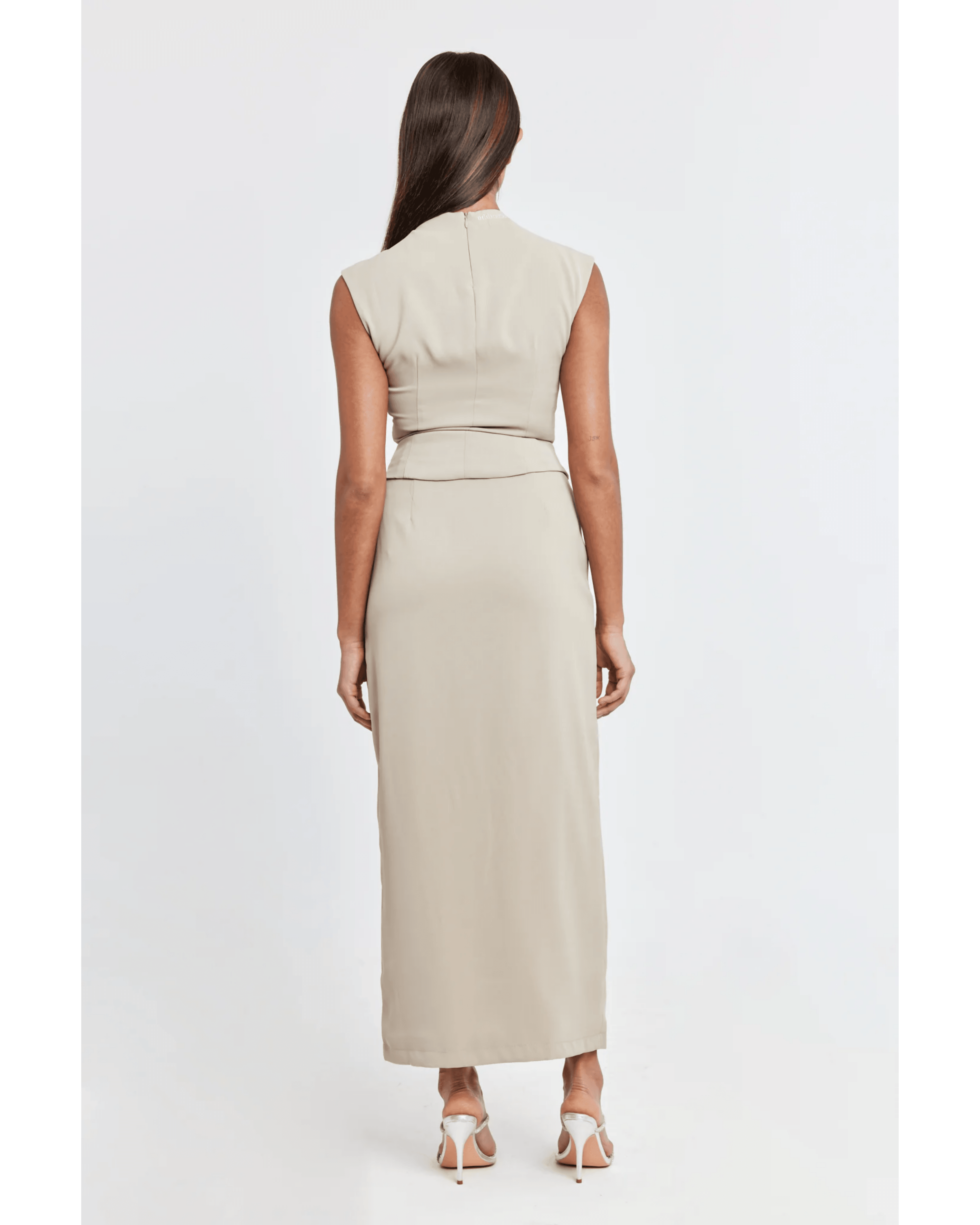 The Ultimate Muse Midi Top & Skirt Co-ord in Taupe - Endless - UAE Rental and Resale for Women's Fashion