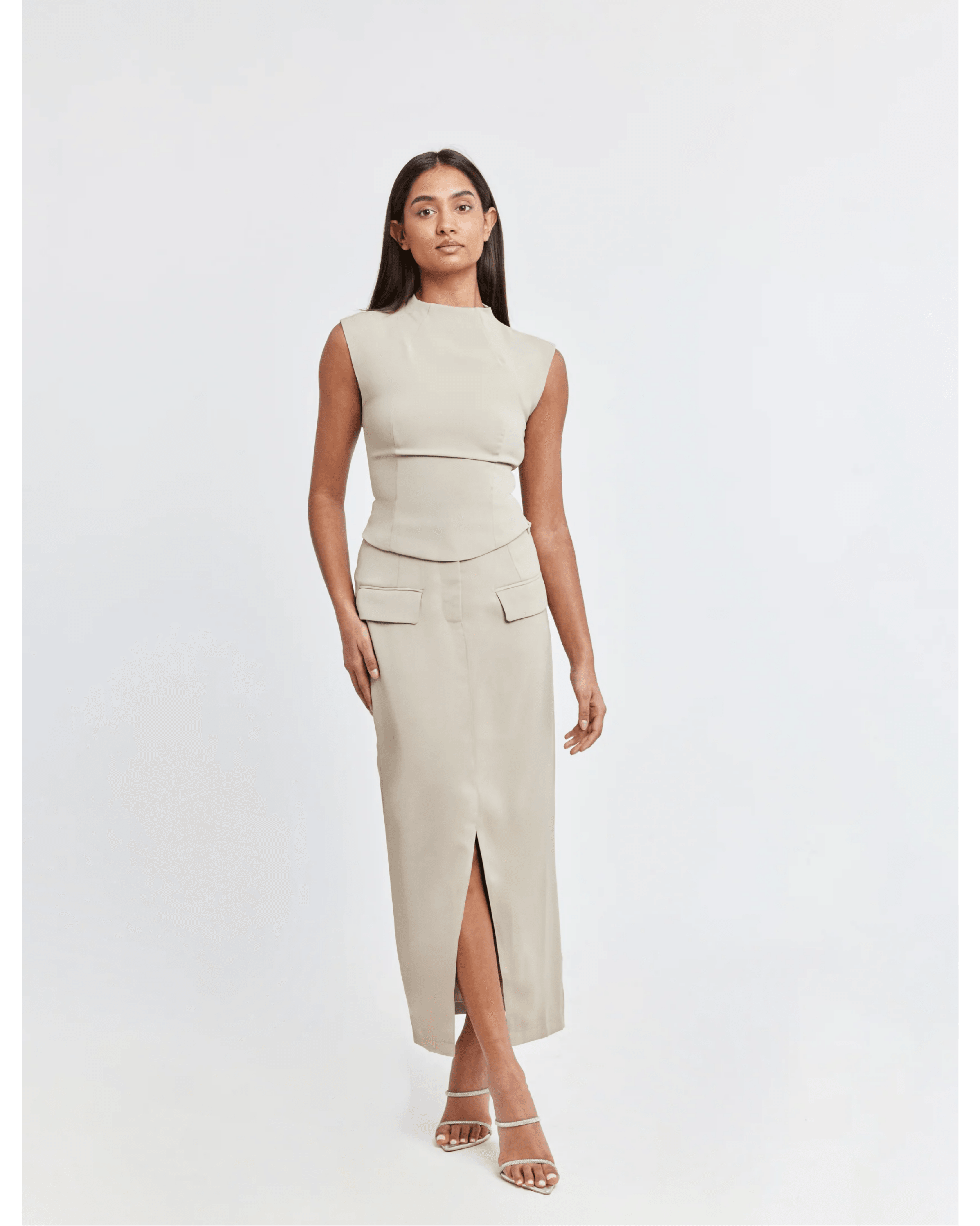 The Ultimate Muse Midi Top & Skirt Co-ord in Taupe - Endless - UAE Rental and Resale for Women's Fashion
