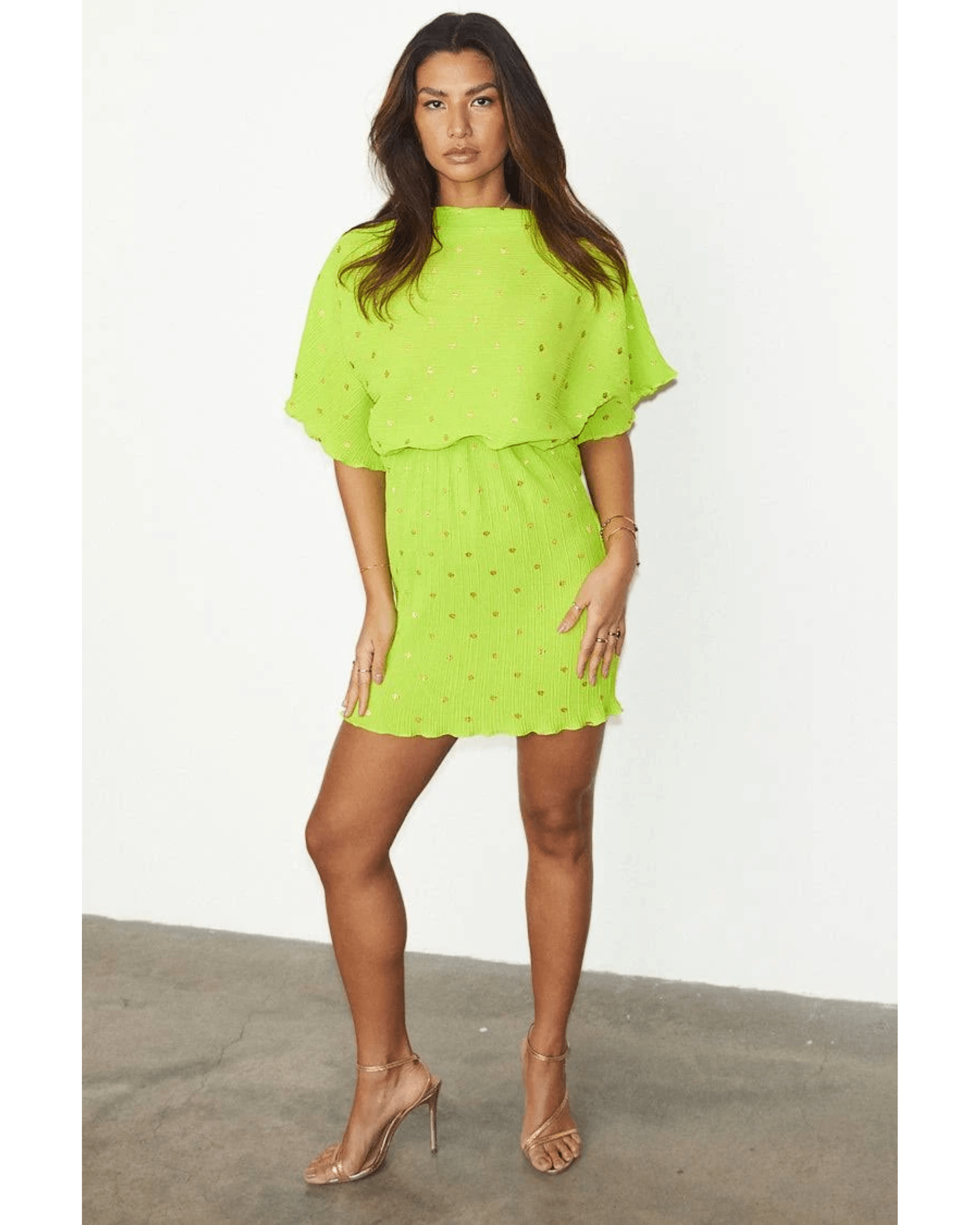 Tilly gold fleck plisse mini dress in lime - Endless - UAE Rental and Resale for Women's Fashion