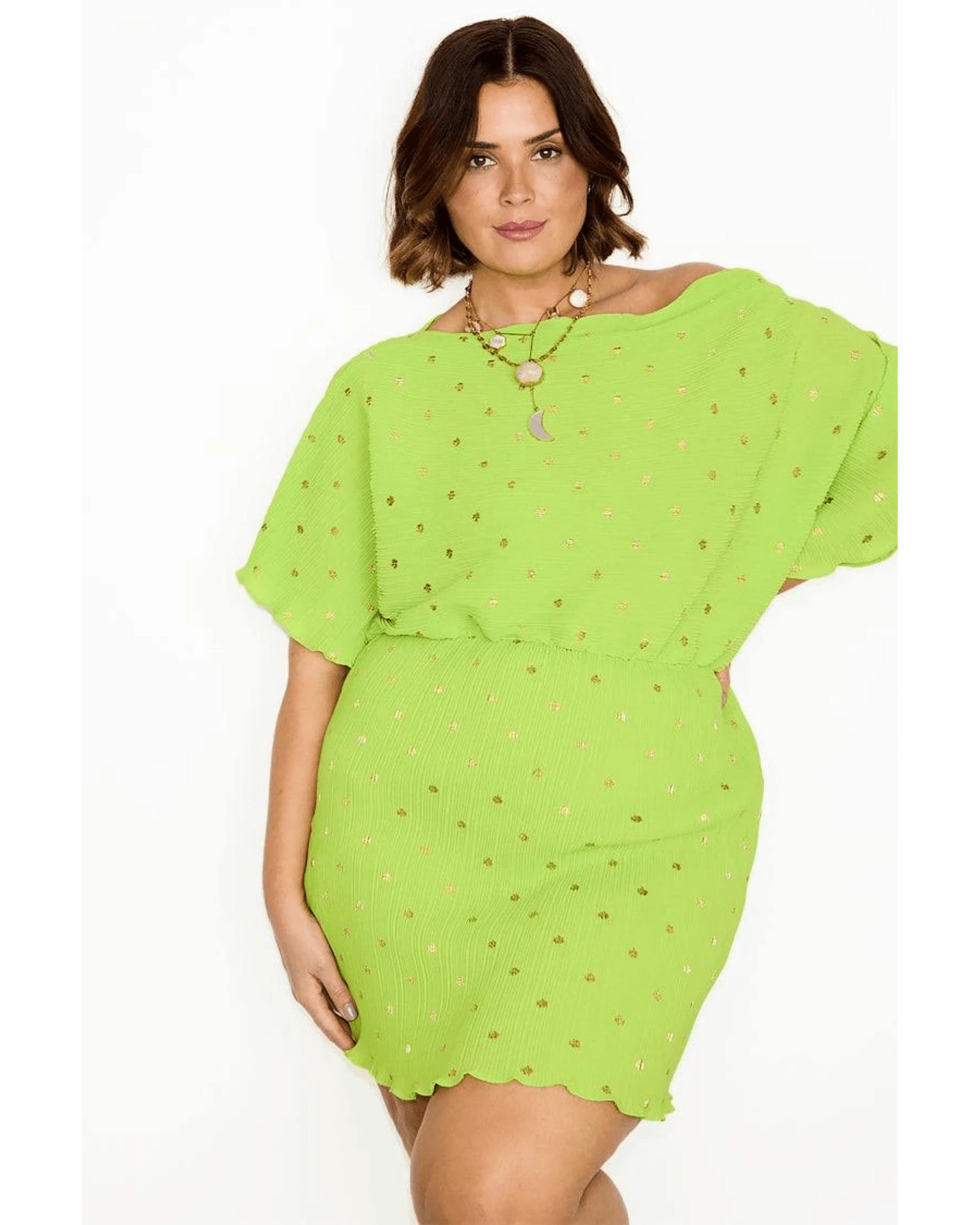 Tilly gold fleck plisse mini dress in lime - Endless - UAE Rental and Resale for Women's Fashion