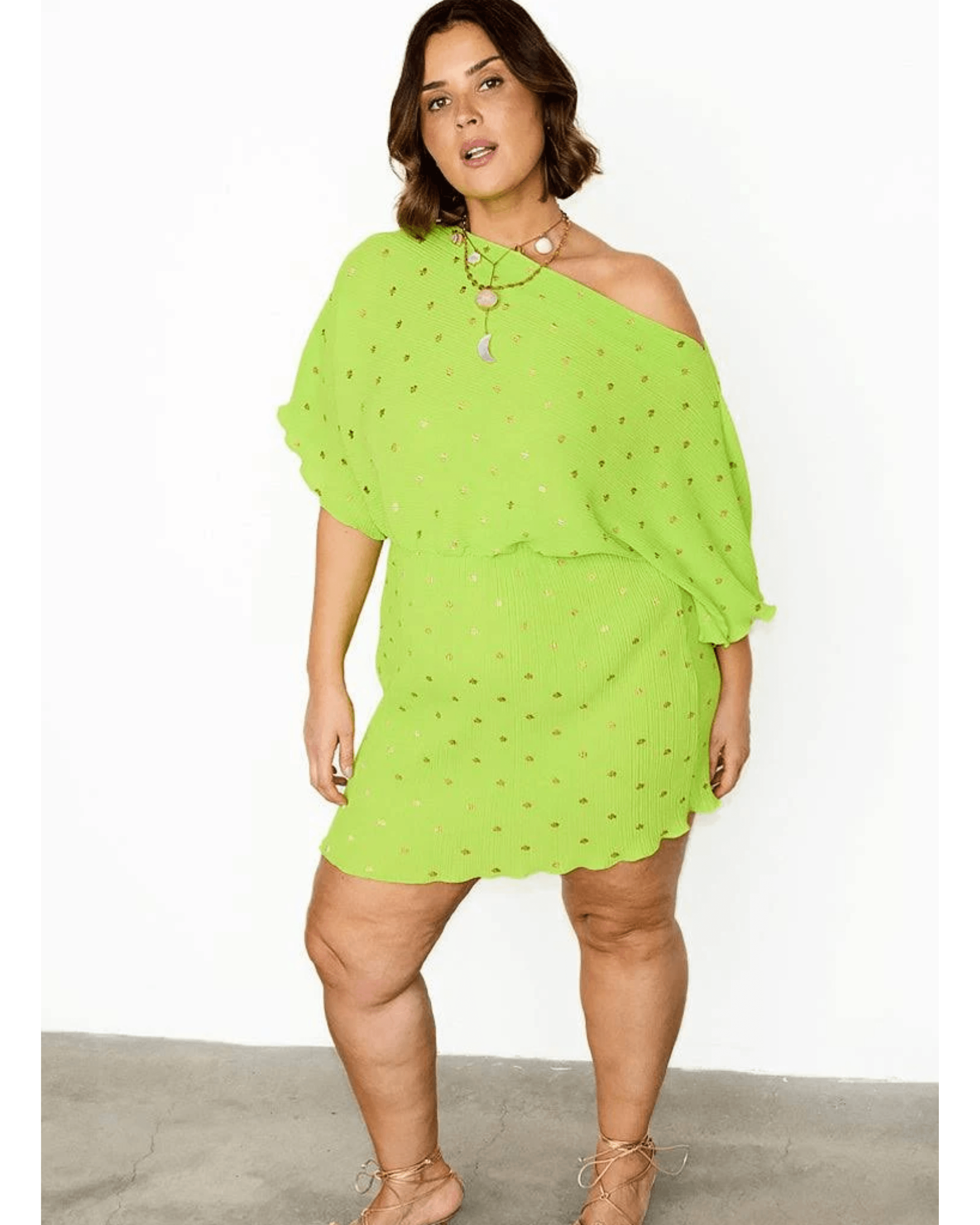 Tilly gold fleck plisse mini dress in lime - Endless - UAE Rental and Resale for Women's Fashion
