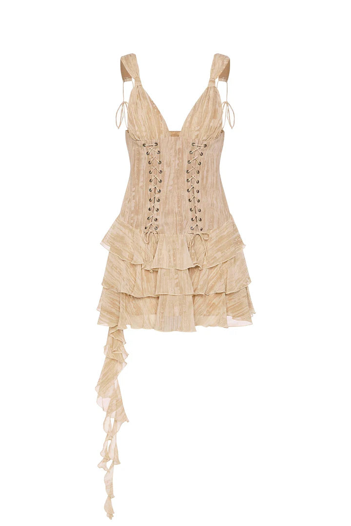 Toren Lace-Up Ruffled Tiered Mini Dress - Endless - UAE Rental and Resale for Women's Fashion