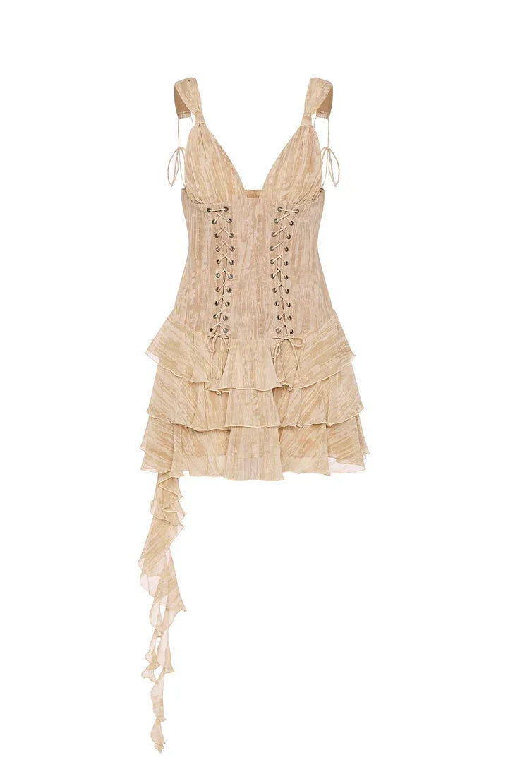 Toren Lace-Up Ruffled Tiered Mini Dress - Endless - UAE Rental and Resale for Women's Fashion