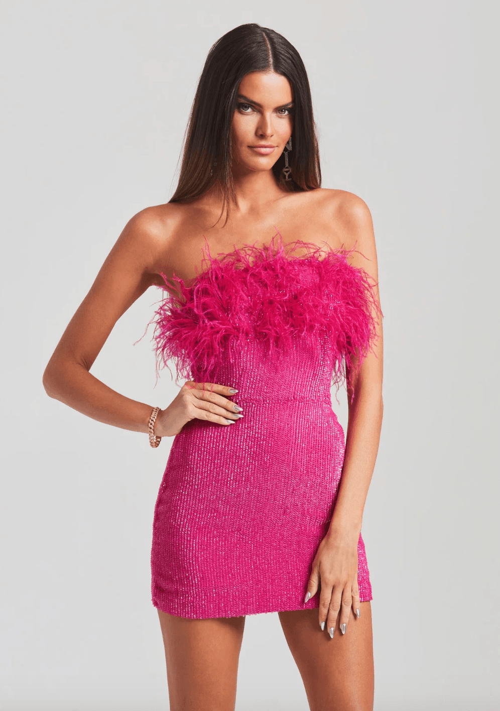 Torin Sequin Feather Dress in Hot Pink - Endless - UAE Rental and Resale for Women's Fashion