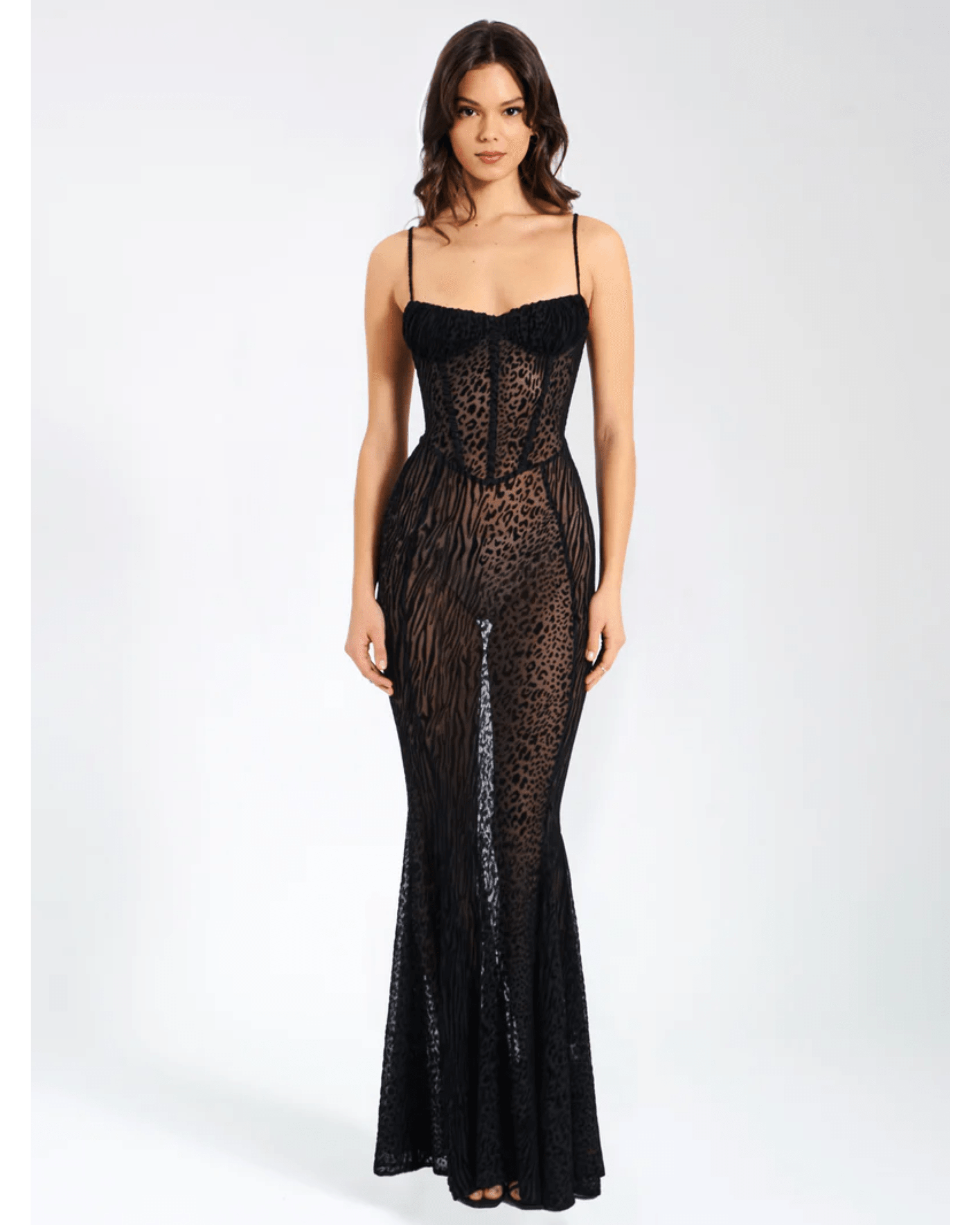 Ulani Burnout Velvet Detail Mesh Maxi Dress - Endless - UAE Rental and Resale for Women's Fashion