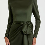 Long Sleeve Satin Structured Bow Draped Column Gown