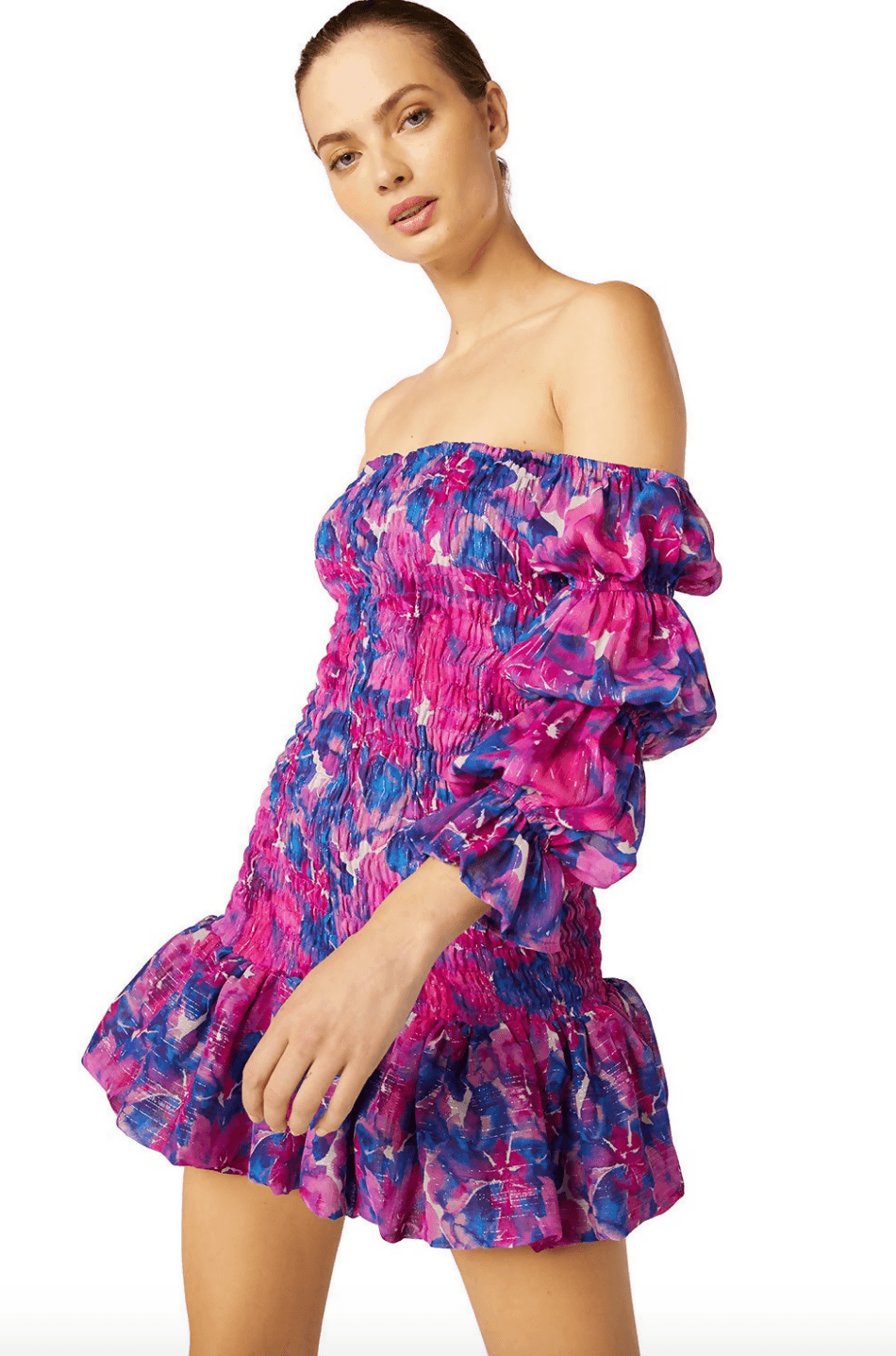 Watercolour Noura Off-the-shoulder Smocked Mini Dress - Endless - UAE Rental and Resale for Women's Fashion