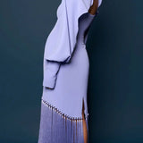 Nour Abdul Lilac Cape Sleeve Fringe Gown