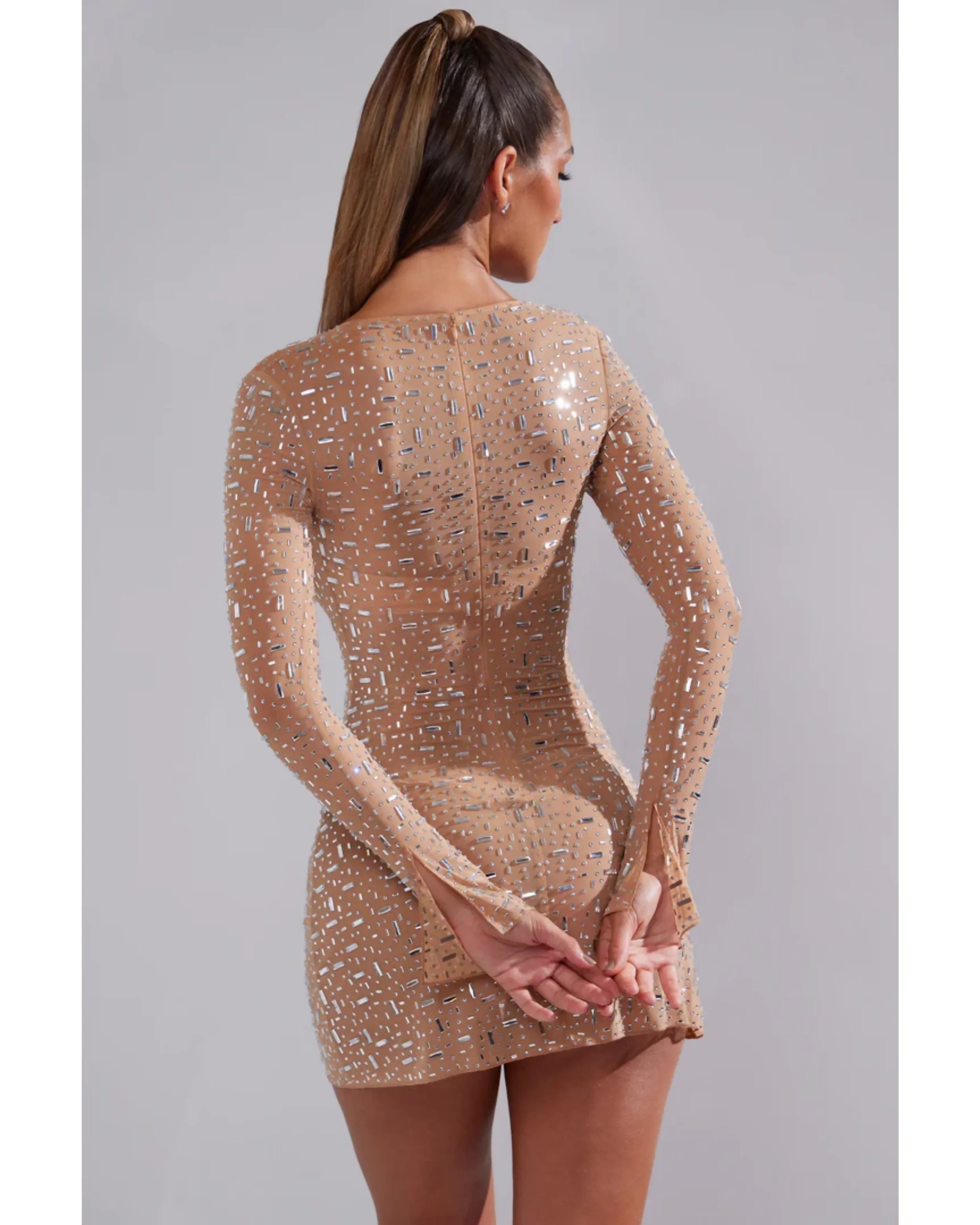 Zeta Sheer Embellished Long Sleeve A-Line Mini Dress - Endless - UAE Rental and Resale for Women's Fashion