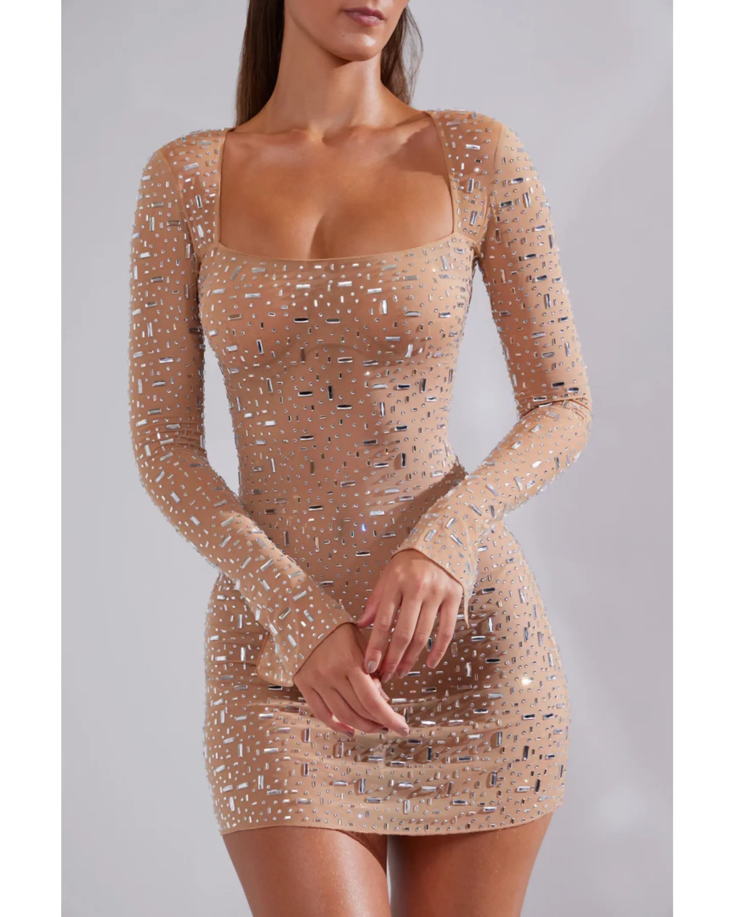 Zeta Sheer Embellished Long Sleeve A-Line Mini Dress - Endless - UAE Rental and Resale for Women's Fashion