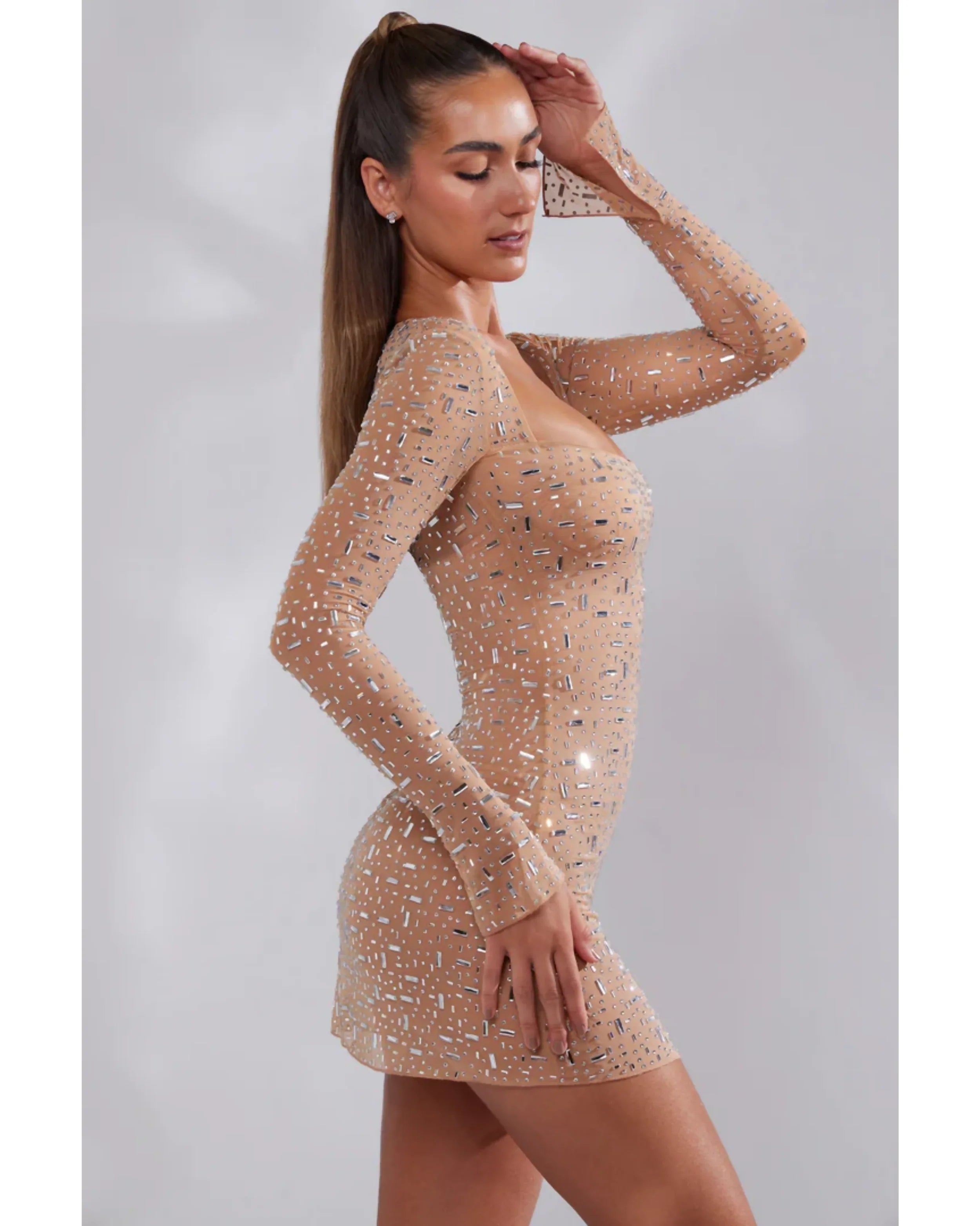 Zeta Sheer Embellished Long Sleeve A-Line Mini Dress - Endless - UAE Rental and Resale for Women's Fashion